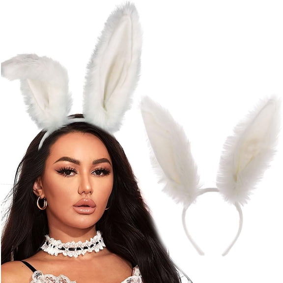 White Bunny Ears Furry Rabbit Ears Headbands Cute Easter Bunny Head Bands Halloween Hair Accessories for Women