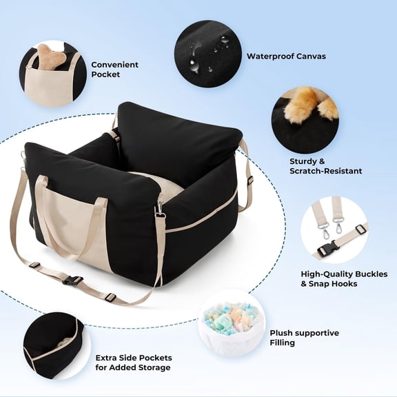 Dog Car Seat for Small to Medium Dogs - Waterproof Pet Booster Seat for Car with Clip-On Safety Leash, Travel Carrier for Puppy up to 25 lbs, Memory Foam Filling and Adjustable Buckles