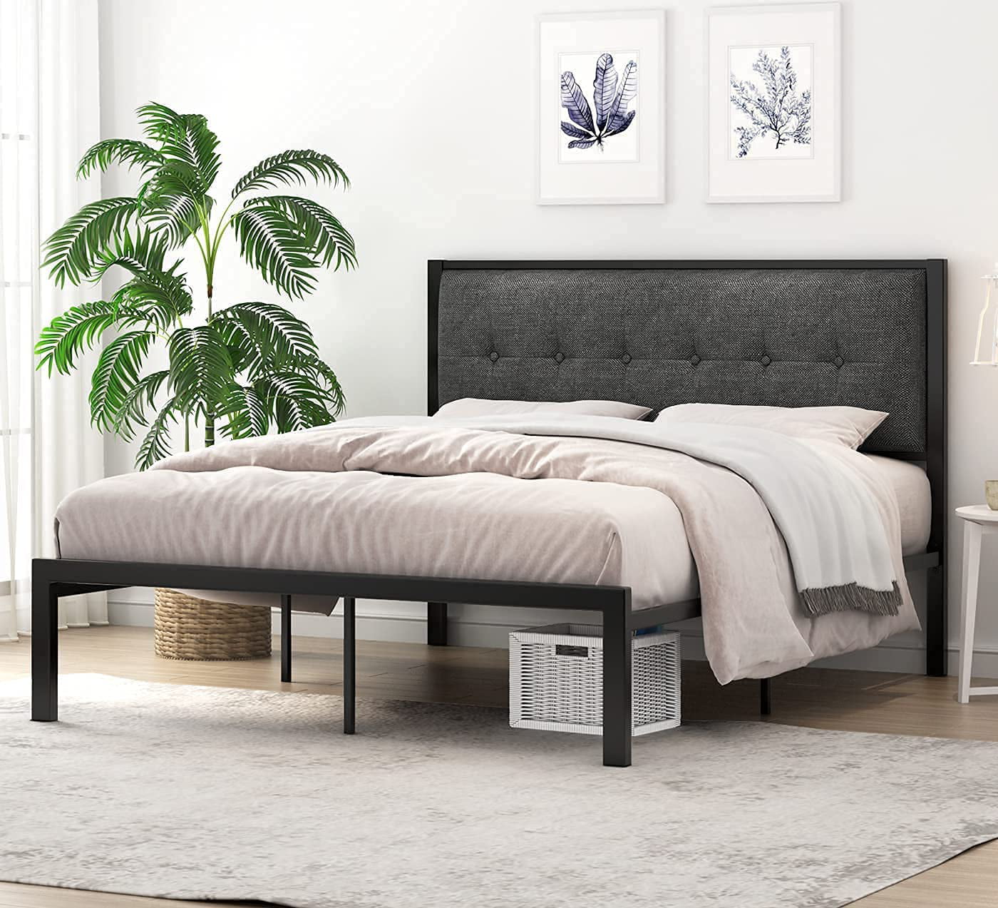 Buy SHA CERLIN Queen Metal Platform Bed with Upholstered Button Tufted