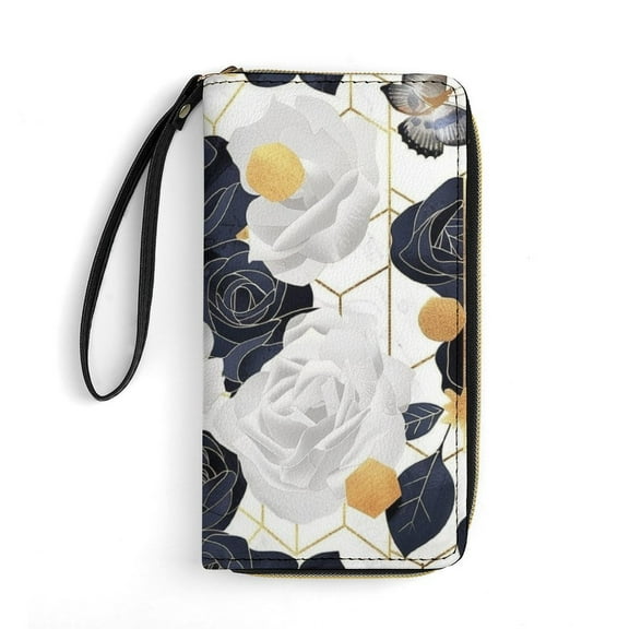 Womens Wallet Bifold Ladies Cluth Bag Wristlet Wrist Strap Long Purse White Navy Roses Design