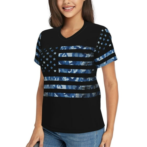 Goofa Navy Camouflage American Flag Pattern Women's Slim-Fit Short-Sleeve V-Neck T-Shirt,Classic-Fit Short-Sleeve V-Neck T-Shirt-3X-Large