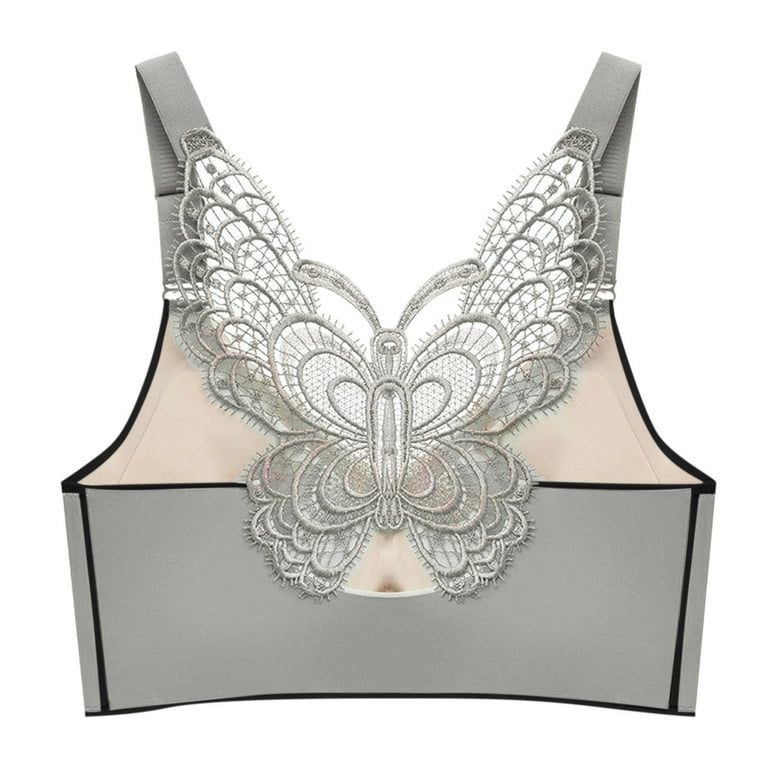 MRULIC sports bras for women Womens Large Size Butterfly Beauty Back Wrap  Breast Latex No Steel Ring Ice Silk Sports Bra Gathering Underwear Grey + L