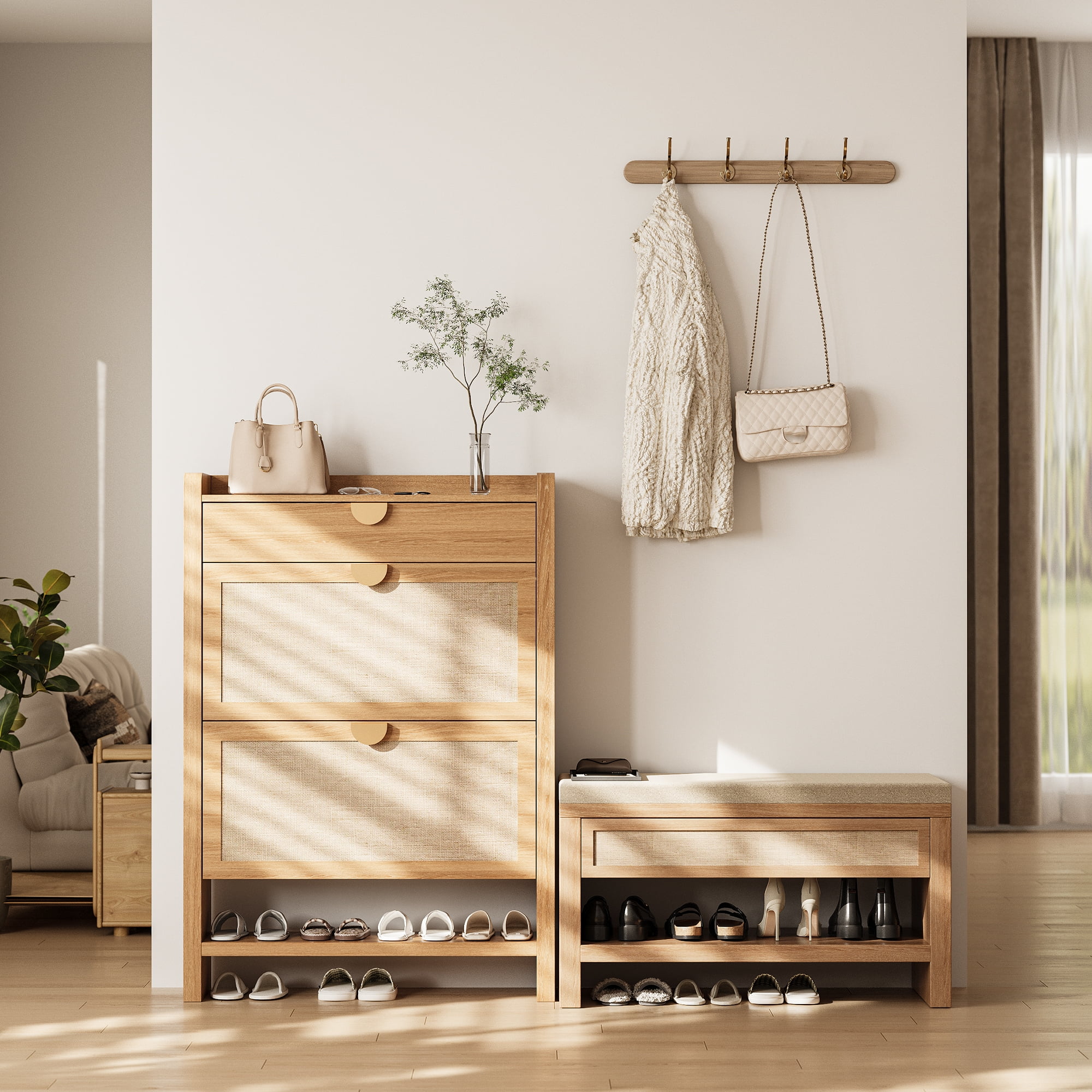 32" Shoe Bench With Storage Drawer, Farmhouse Entryway Bench With Seat Cushion & Shelf, Wooden Shoe Rack Organizer For Hallway, Living Room, Bedroom – Rustic Oak