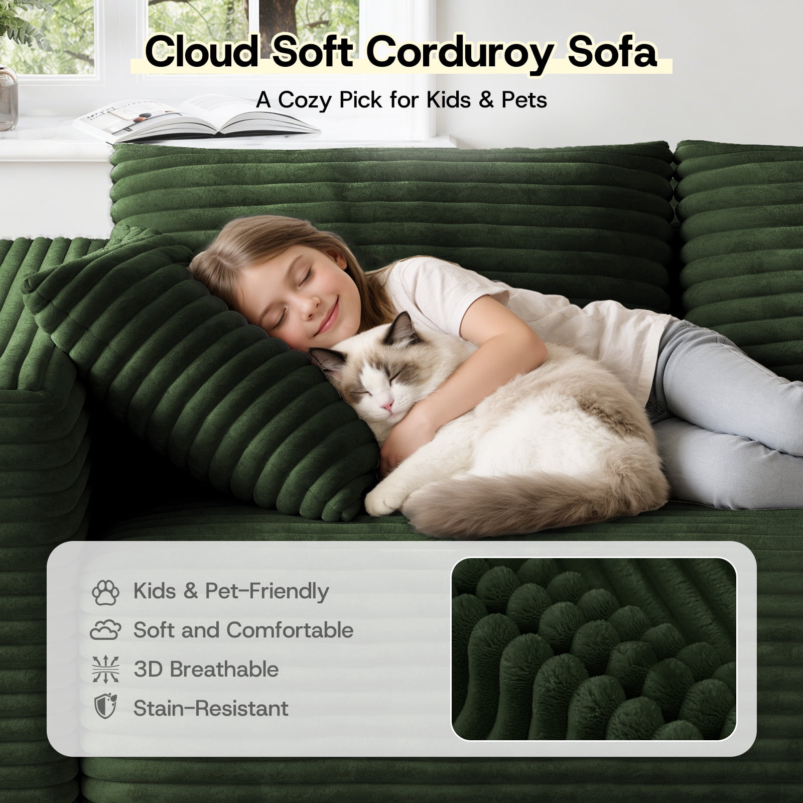 Patbrela 106" Sectional Sofa for Living Room, L-Shaped Modular Sectional Couches with Deep Seat, Corduroy Cloud Oversized Boneless Sofa No Assembly, Green