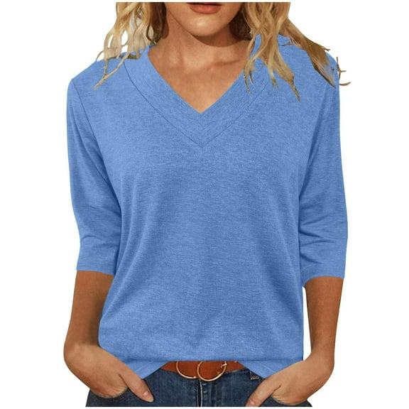 Fmbrln Womens Summer 3/4 Sleeve Tops Fashion V Neck Solid Color T-Shirts Casual Tunic Blouse Blue XL
