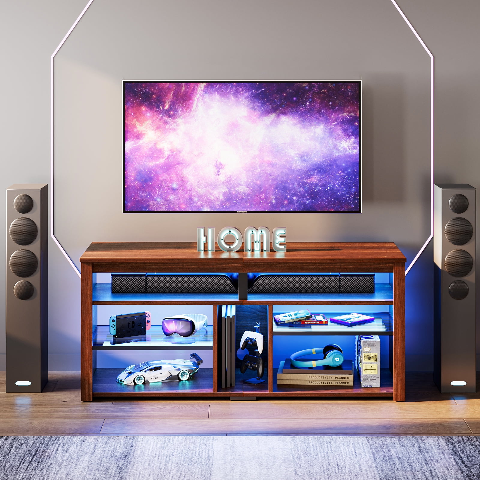 Bestier Tall TV Stand for 65" TVs,Entertainment Center with PS5 Storage,LED TV Stands for Living Room,TV console with Adjustable Storage Shelf,Walnut TV Stand