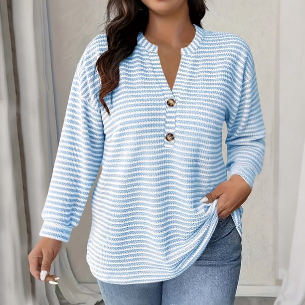 TaTaai Women Striped Long Sleeve Button V Neck Pullover Casual Fashion Top Ladies Spring Autumn Daily Commute Street Wear Soft Comfortable No Fading Machine Washable Blouse Gift