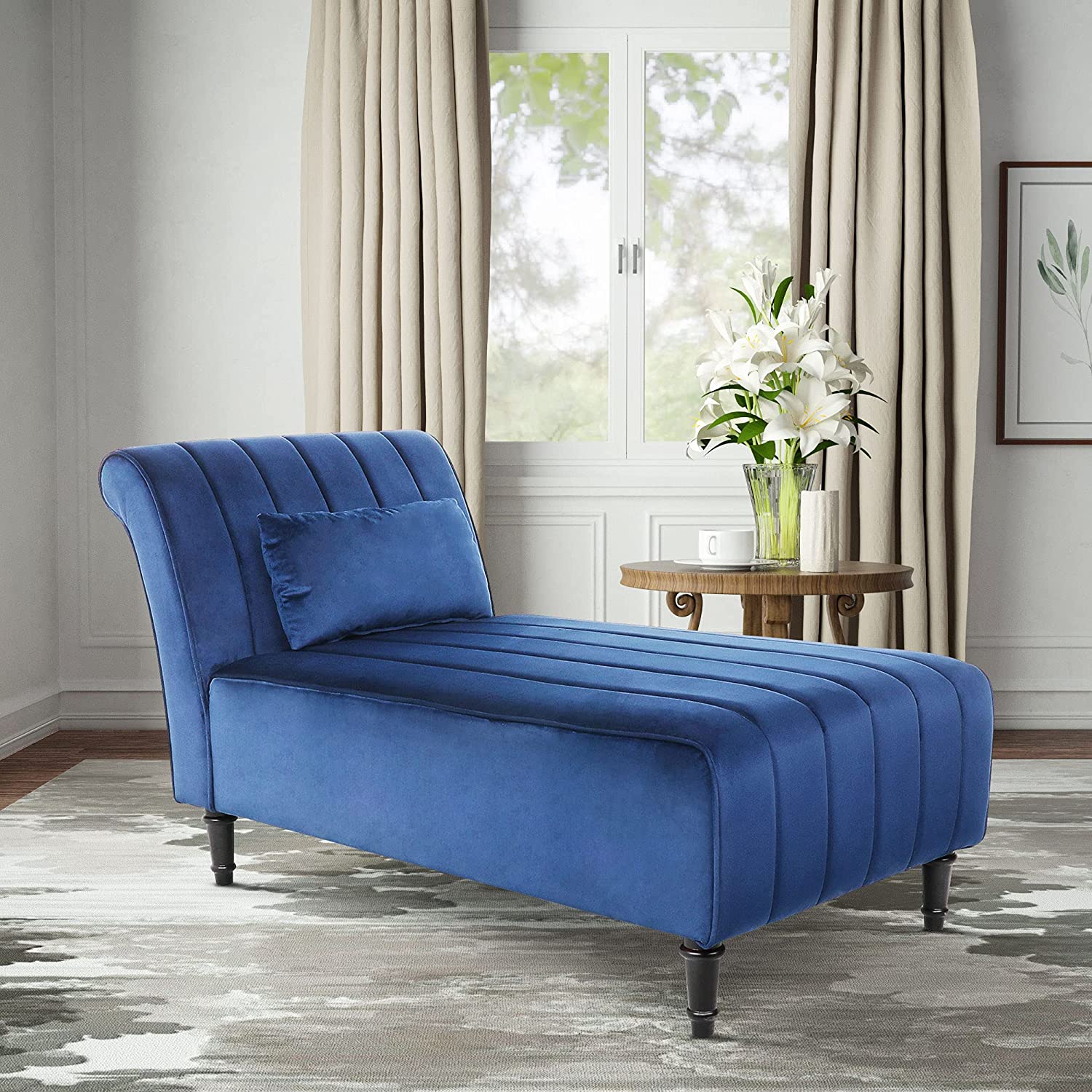 Chaise Lounge with1 Pillow, Modern Velvet Chaise Lounge with Wood Legs