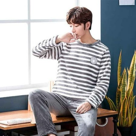 

PIKADINGNIS Mens Pajama Set New Warm Flannel Men Sleepwear Set Long Sleeve Coral fleece Pajamas for Men Elastic Waist Pant Leisure Homewear