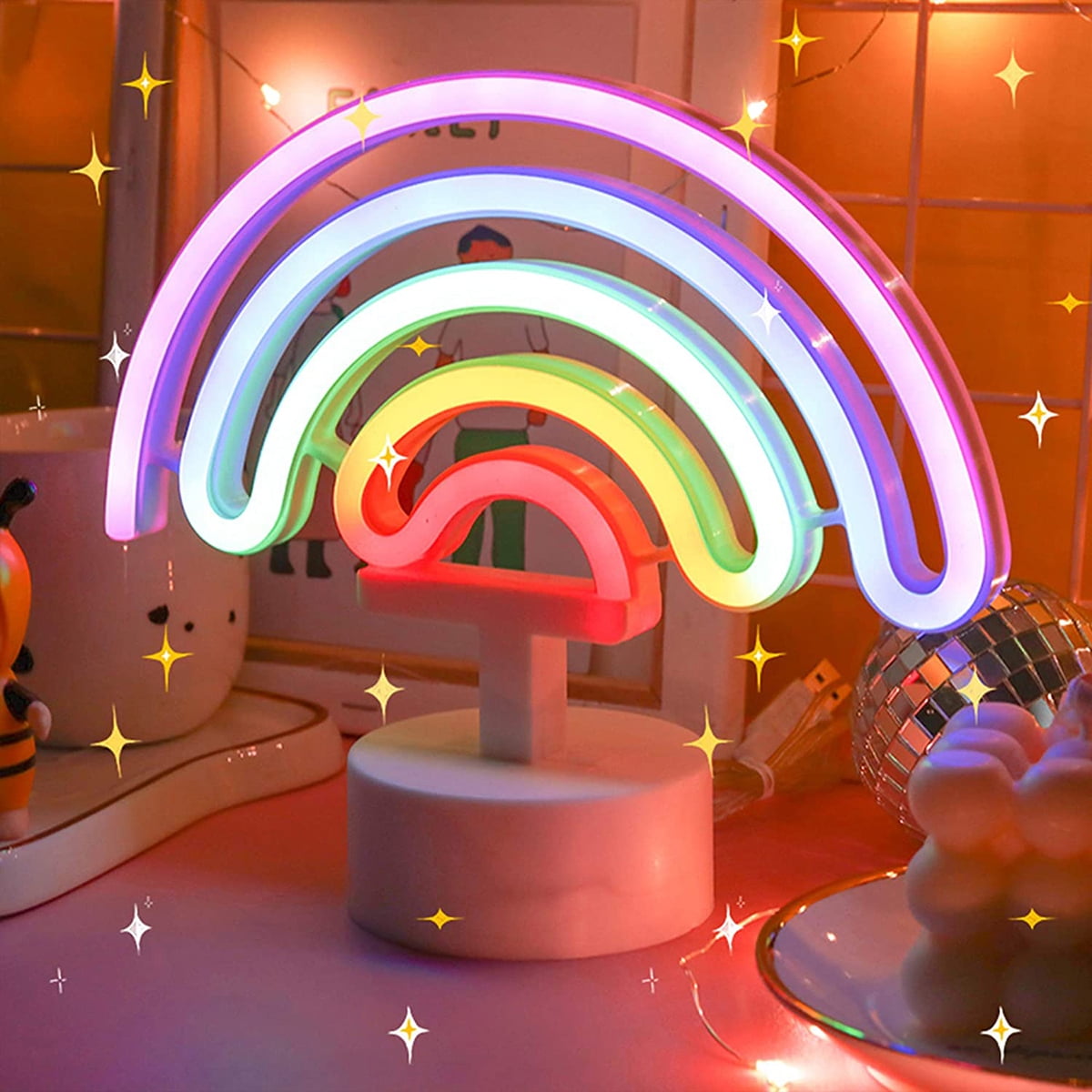Gpoty Neon Sign LED Rainbow-shaped Neon Light Battery/USB Powered Colorful  Neon Lamp with Holder Base Rainbow Nightlight Decorative Table Light for 