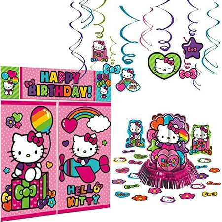 Hello Kitty Rainbow Decoration Party Supplies Pack Includes: Hanging Swirls, Scene Setter, and Table Decorating Kit