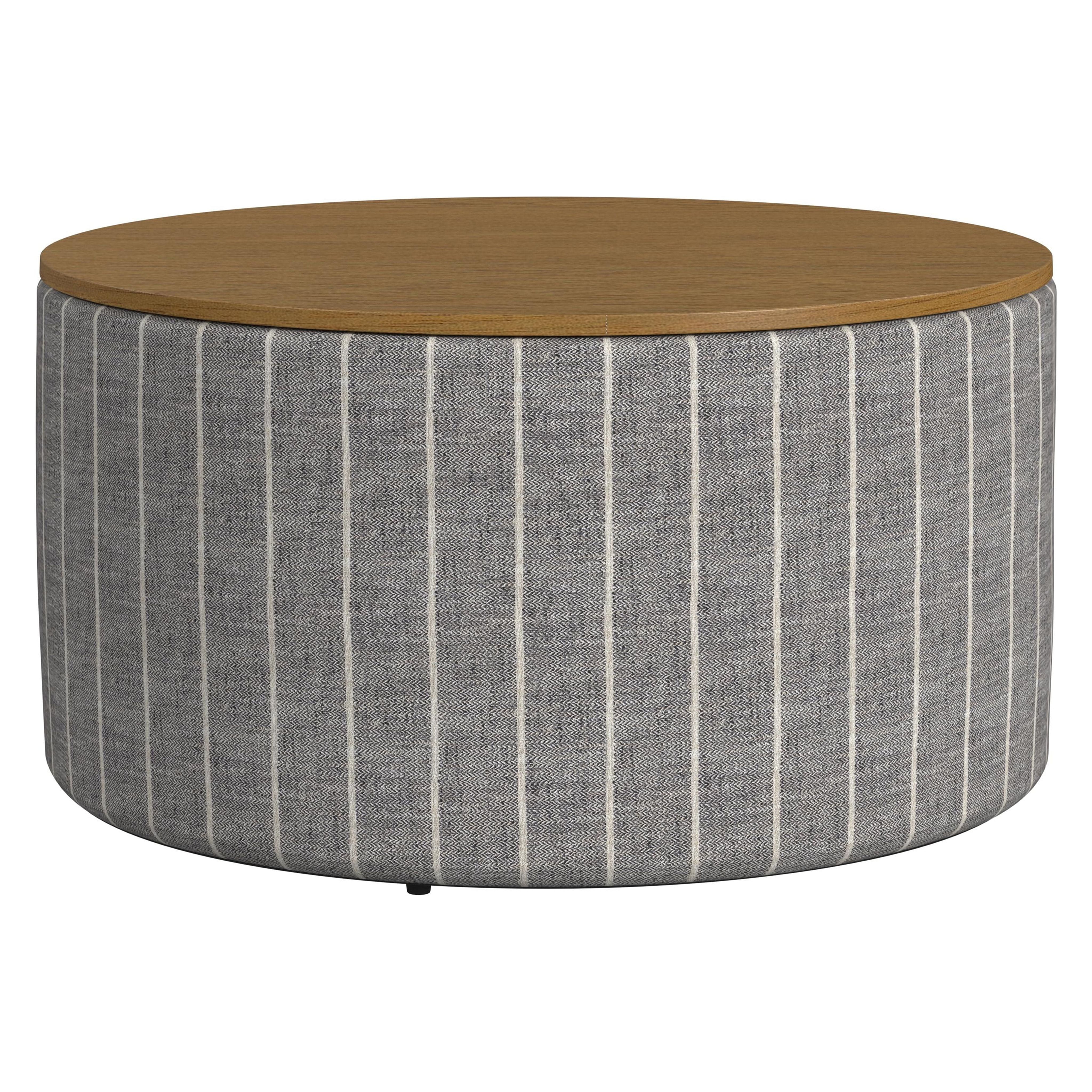 HomePop Large Modern Round Storage Ottoman with Wood Lift-Top Lid, Gray Pinstripe/Honey Oak