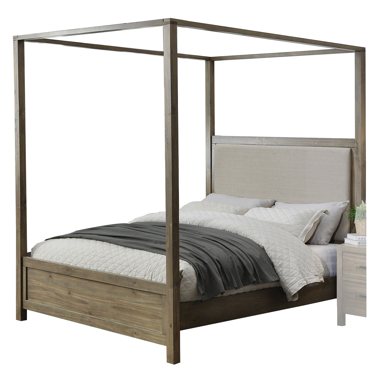 Contemporary Canopy Queen Bed with Padded Headboard, Light Oak and Beige