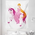 thumbnail image 1 of Pony Tapestry, Cartoon Sitting on a Horse with Pinkish Mane Tale Scene, Fabric Wall Hanging Decor for Bedroom Living Room Dorm, 5 Sizes, Marigold Pink and White, by Ambesonne, 1 of 1