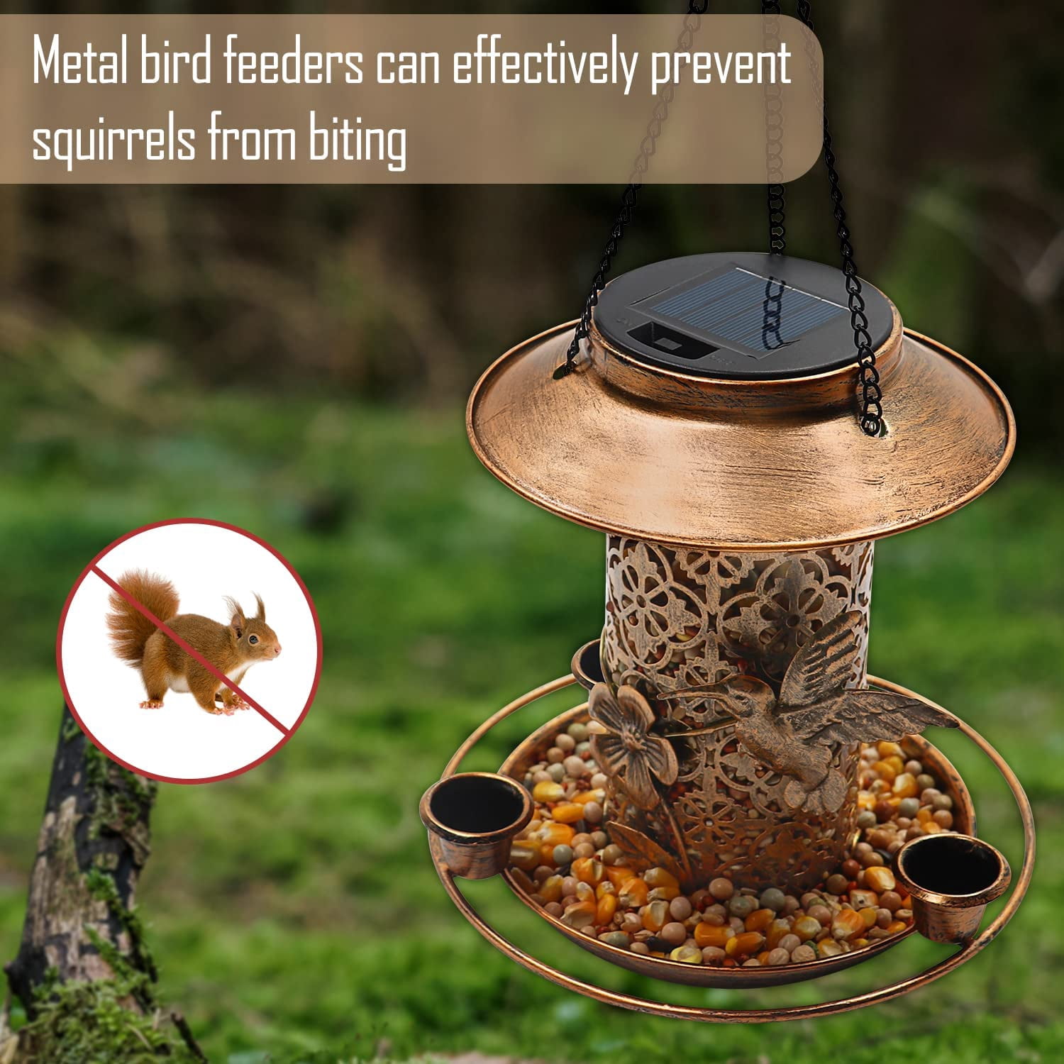 Bird Feeders with Solar LED Light - Metal Hummingbird Feeders for Outdoors Hanging - Bird Feeders with 3 Water Feeder Cup - Outdoor Garden Yard Lawn Decoration