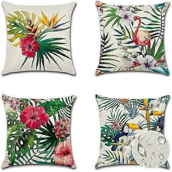 Fundas de cojín decorativas para exterior, 45 x 45 cm, diseño de plantas tropicales y flamencos, impermeables, juego de 4