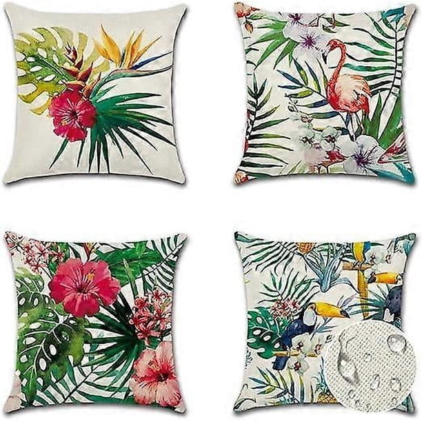 Fundas de cojín decorativas para exterior, 45 x 45 cm, diseño de plantas tropicales y flamencos, impermeables, juego de 4