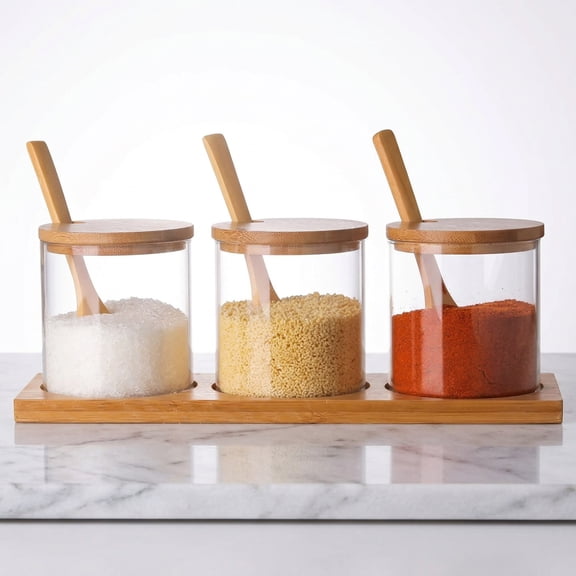 3 PCS Stylish Simple Condiment Canisters Pots Set, Decorative Storage Seasoning Glass Container Box with Bamboo Spoon Lid and Base for Home Kitchen café Storing Salt Sugar Pepper Spice