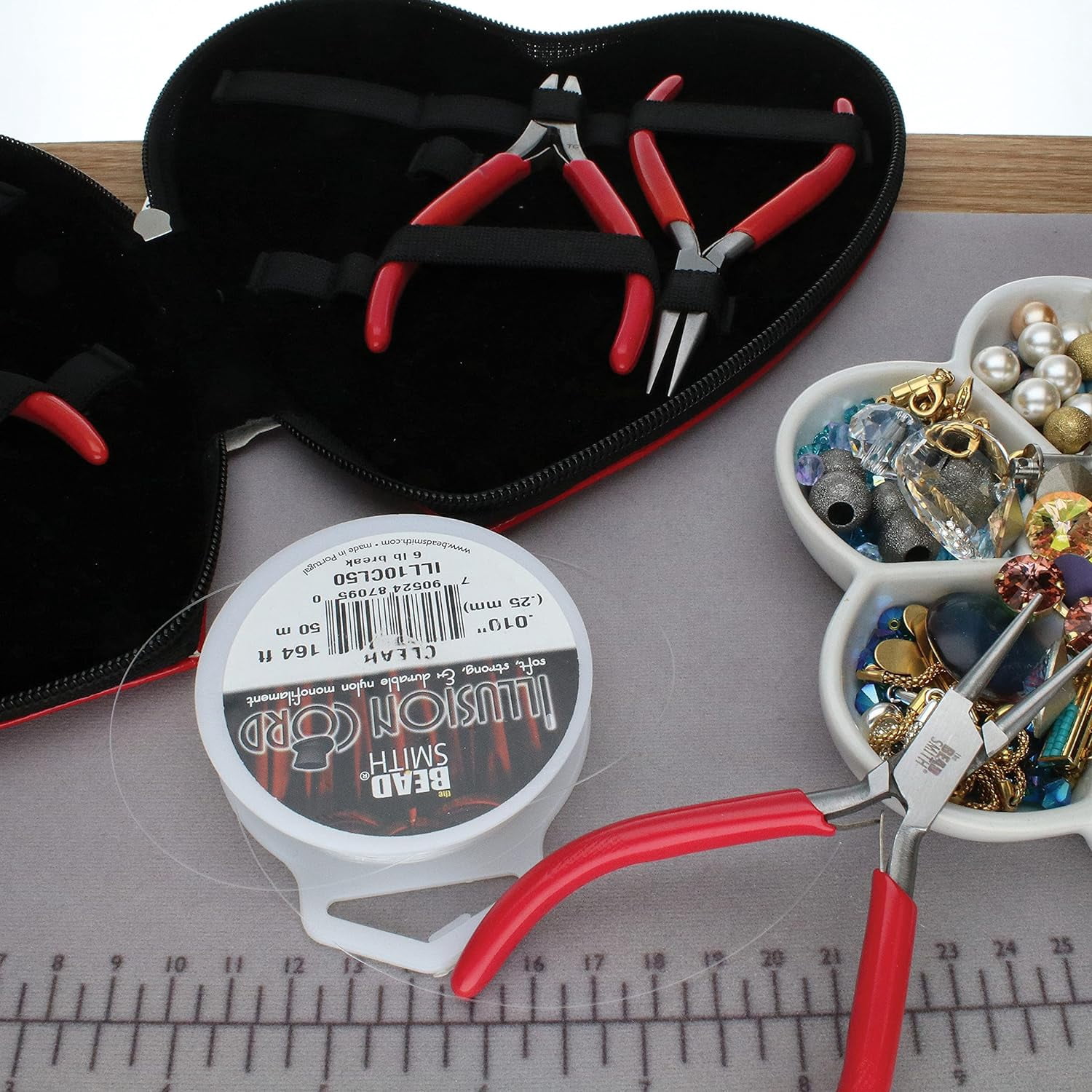 The Beadsmith I ❤ Beads Pliers - 4.5 Inches, 8-Piece Set: Round Nose, Chain Nose, Bent Chain Nose, Flat Nose, Nylon Jaw, Tweezers & Tungsten Carbide Side Cutter – Heart-Shaped Carrying Case Included…