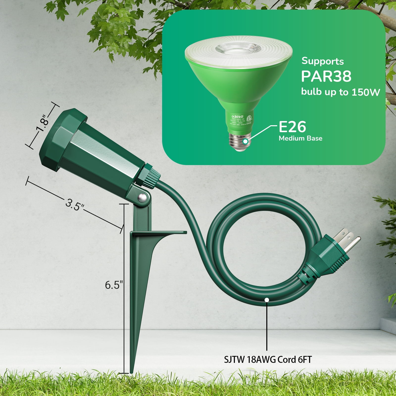 EDISHINE 2 Pack  Outdoor Spotlights for Garden Decoration Landscape light Plug in with 6FT Power Cord, 120V Weatherproof, E26 Base PAR38 Bulb Socket