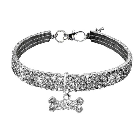 OutmaxHome Bling Dog Necklace  Glitter Crystal Rhinestone Puppy Collar Silver Chain Jewelry Diamond Cat Collars with Bone Pendant