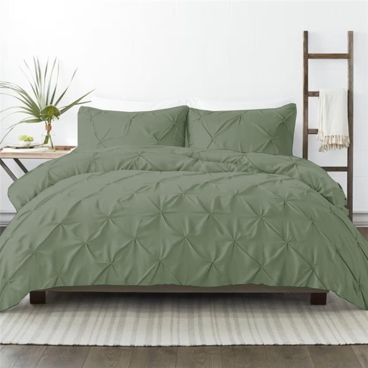 3 Piece Pinch Pleated Duvet Cover Set 100% Cotton 1000 TC with Zipper Closure & Corner Ties Pintuck Bedding Duvet Cover - King/California King Size (94" x 104") Inch, Sage Solid