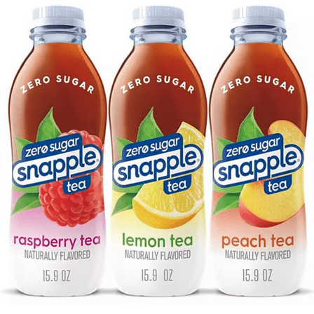 Snapple Tea, Zero Sugar Variety Pack, 15.9 oz, 6 Count: 2 Zero Sugar Raspberry, 2 Zero Sugar Lemon, 2 Zero Sugar Peach