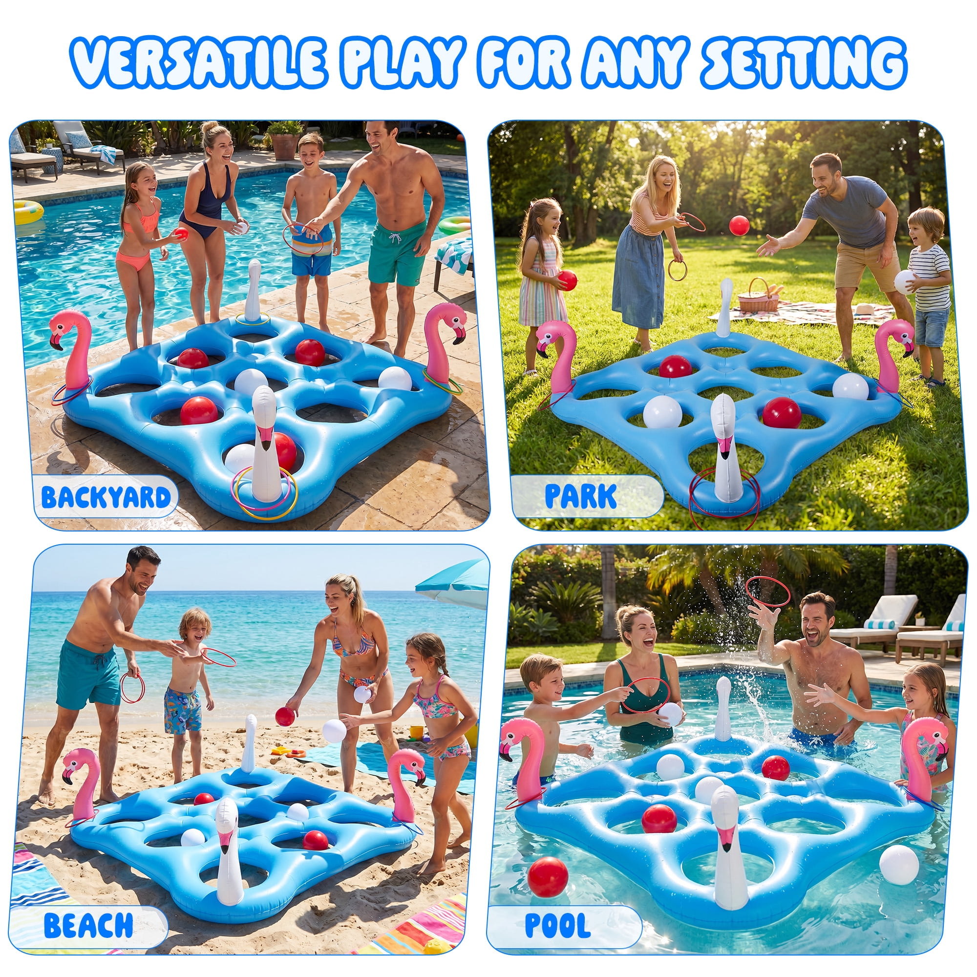 Vecukty 55.2in x 55.2in Flamingo Inflatable Pool Float Tic-Tac-Toe Game Set with 10 Balls & 4 Rings for Pool Beach Party Water Games, Unisex