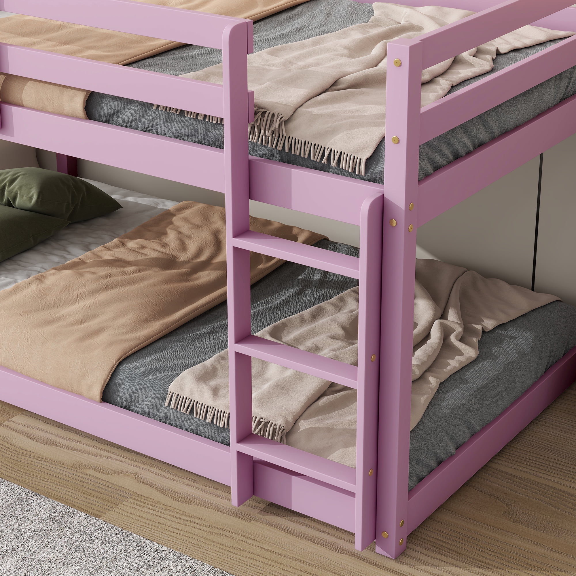 Alvantor Wooden Bunk Bed Twin over Twin Floor Bunk Bed with Safety Rail, Ladder for Children Boys Girls Pink
