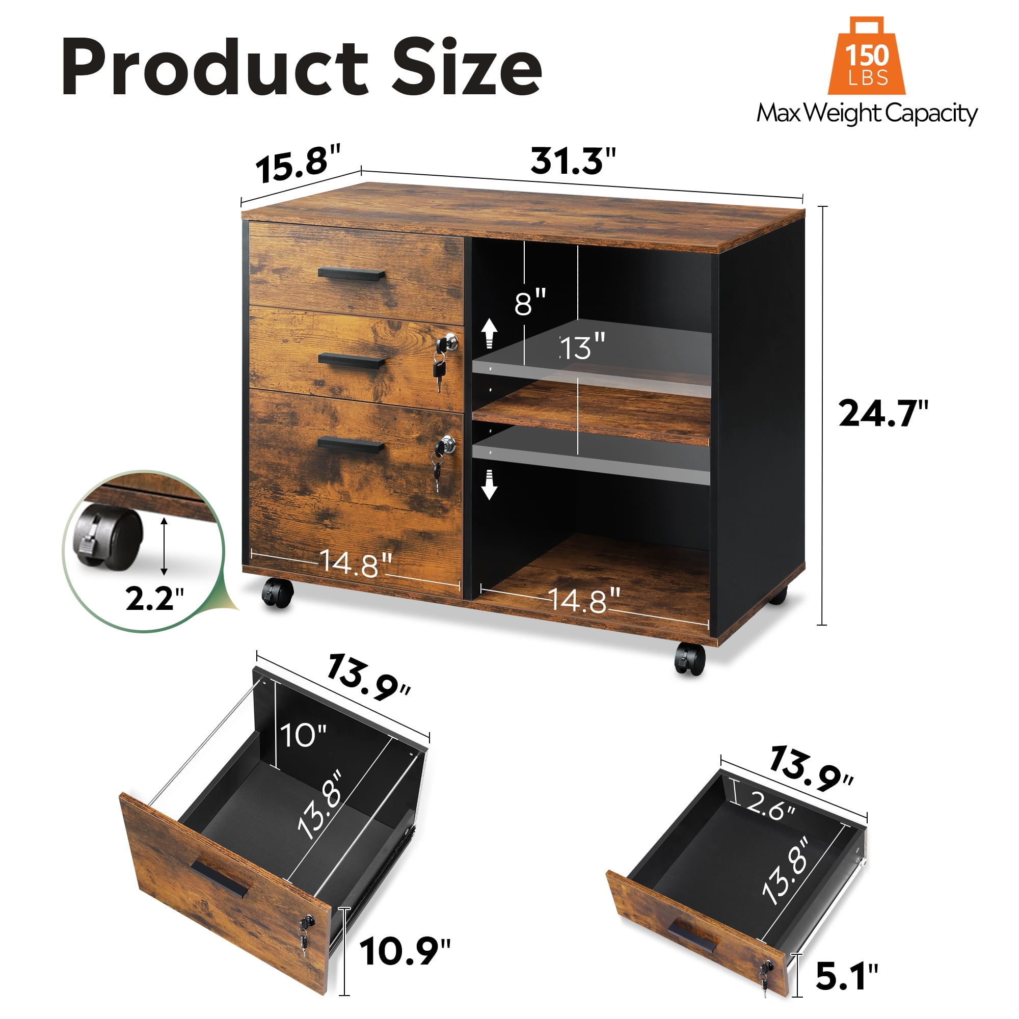 GALAXHERO 3-Drawer Locking Wood File Cabinet, Mobile Lateral Filing Cabinet, Printer Stand with Open Storage Shelves for Home Office, Rustic Brown