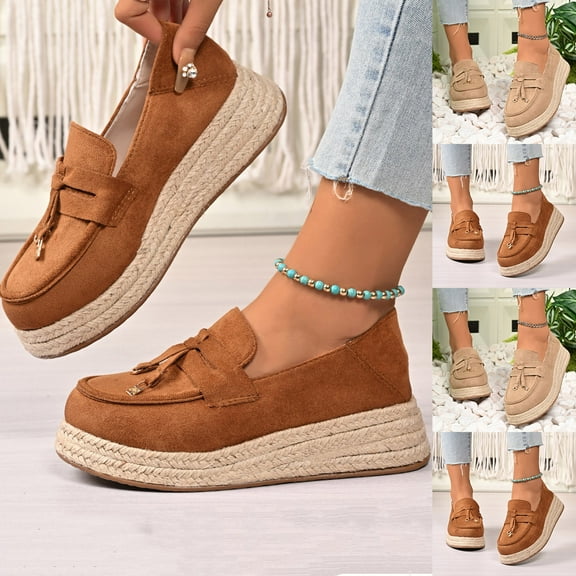 Miluxas Women's Tassel Suede Platform Loafers Fashion Comfortable Round Toe Slip on Anti-Slip Wedge Walking Shoes for Daily Driving Work Casual Sandals Brown 9(42)