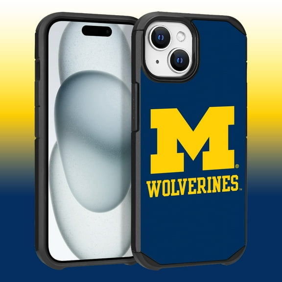 Apple iPhone 15 Plus (6.7) / Apple iPhone 14 Plus (6.7) - Licensed NCAA University of Michigan Wolverines Logo on Dark Blue Textured Dual Layer Case