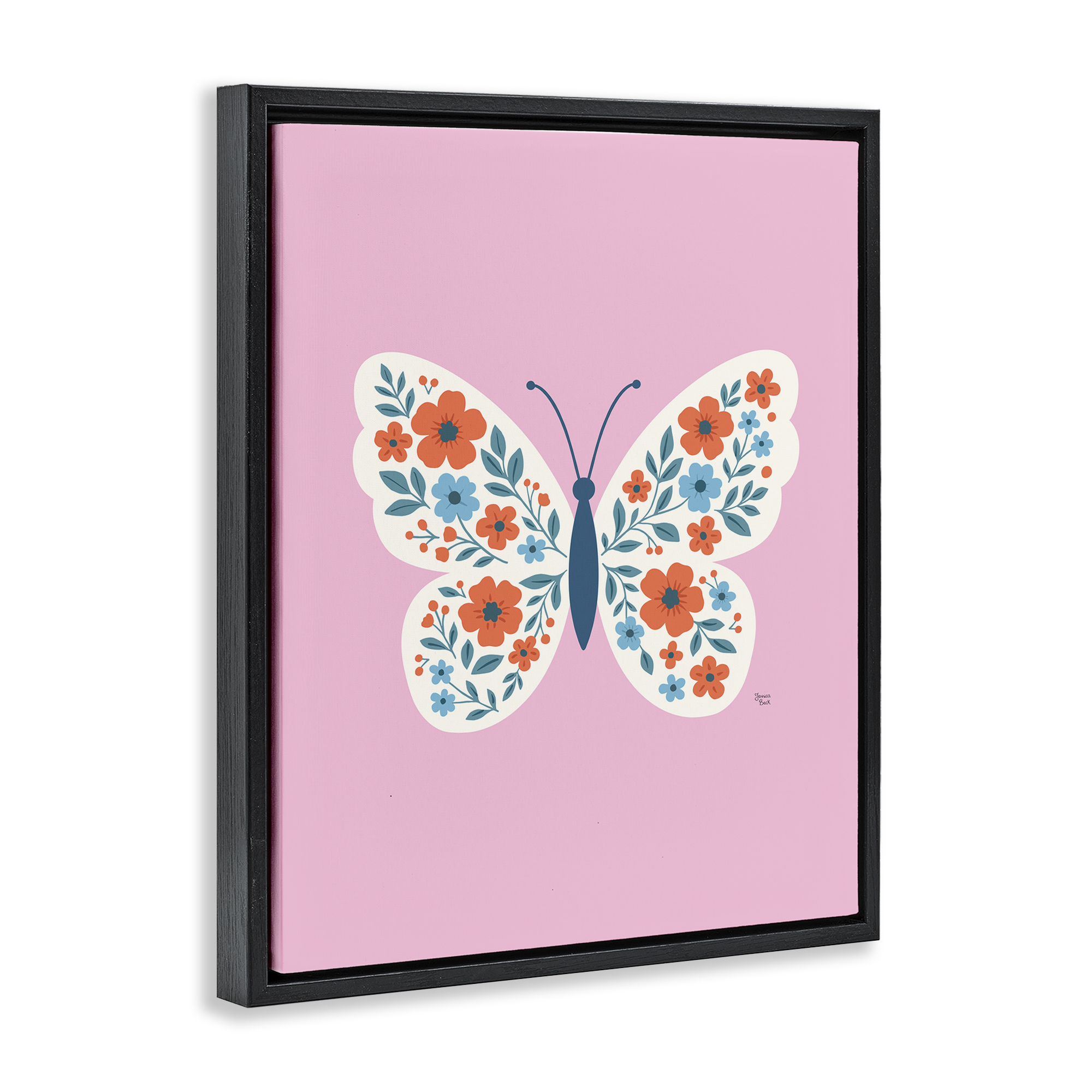 Boho Pink Floral Butterfly Black Framed Floater Canvas Wall Art, design by Jessica Beck