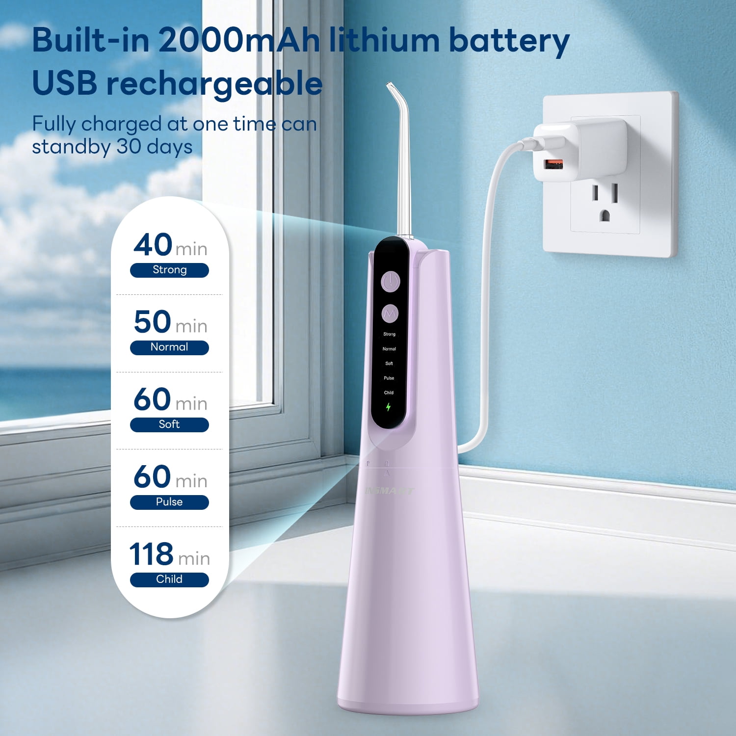 INSMART 270ML Cordless Water Flosser Dental Teeth Cleaner，Portable Oral Irrigator, Electric Flossing Cleaner(5 Mode& 7 Jet）