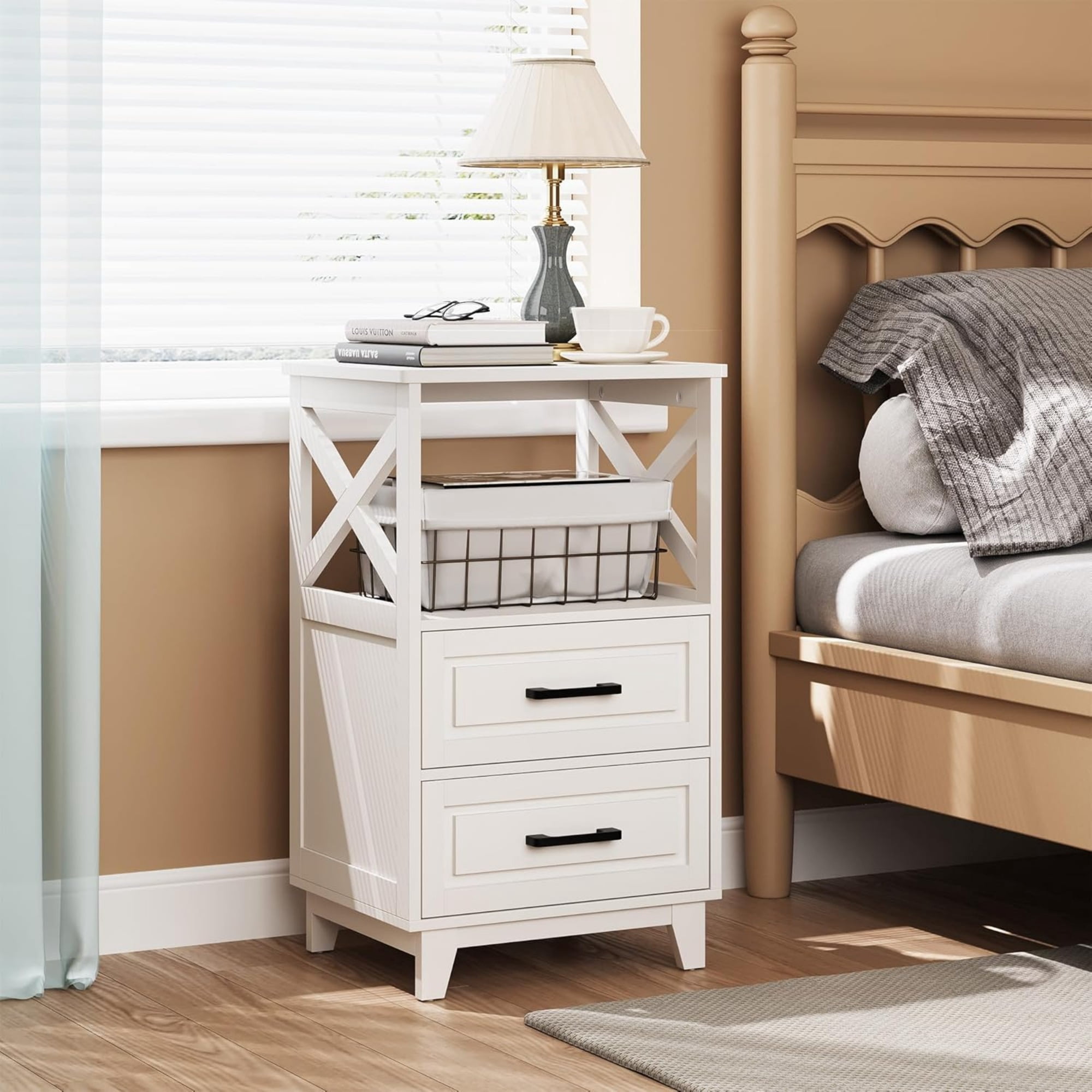Cozy Home Tall Nightstand with 2 Drawers and Open Shelf, 2 Piece, White