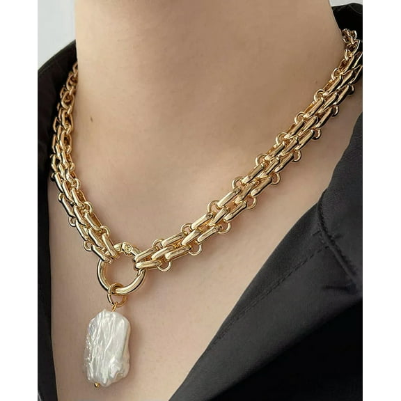 K-KED Freshwater Pearl Pendant Chunky Chain Vintage Elegant Baroque Pearls Necklaces