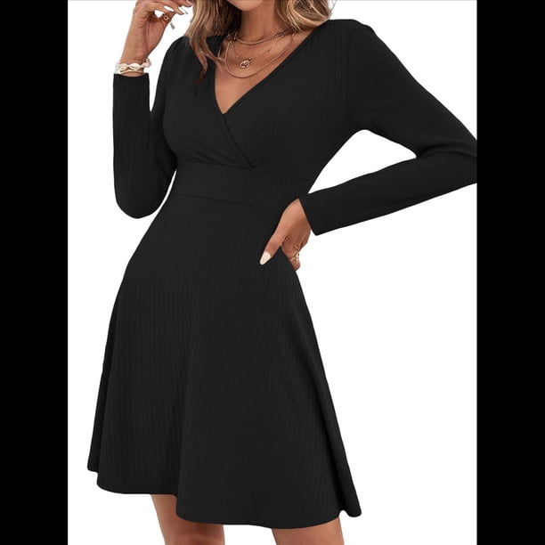 Vestido Mini de Otoño para Mujer, de Larga, Cruzado, con Cuello en V, Fluido, Corte A, Informal, Elegante, para Trabajo y Negocios. Negro S