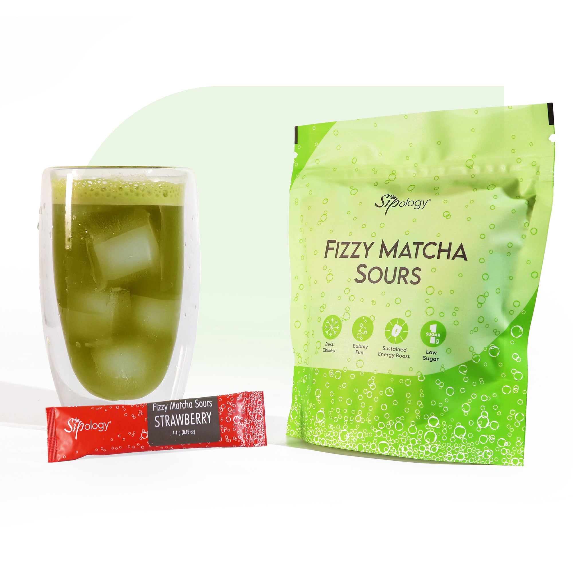 Sipology: Fizzy Matcha Sours - Strawberry - 15 Stick Pack - Sparkling Beverage Powder Mix, Japanese Matcha, Natural Energy Boost, Fruity Drink