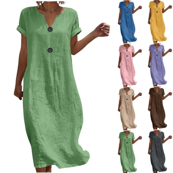 YuXingFu 100% Cotton Dress Women Maxi Crew Neck Plus Size Womens Dress Short Sleeve Flowy Long Casual Summer Green S