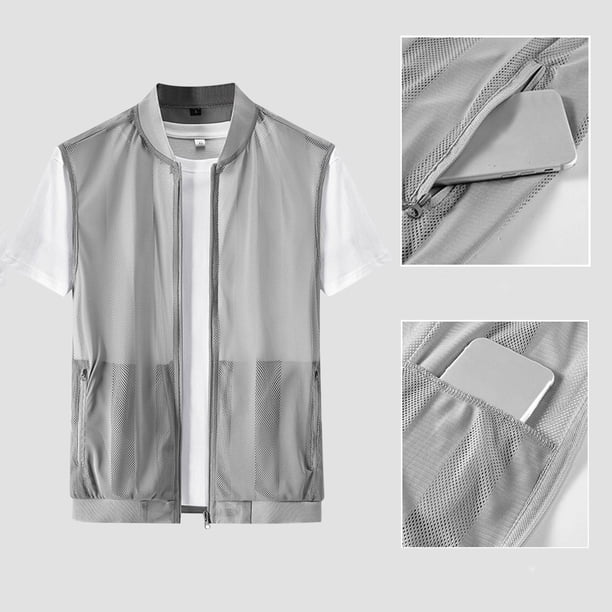 pstuiky Camisetas sin mangas para hombre, Chaleco de verano transpirable con malla y protección solar para hombre, con bolsillo interior para pesca al aire libre Chaleco de hombre xxxl