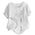 thumbnail image 1 of Birdeem Haut en Coton et Lin pour Femmes à Manches Courtes, Décontracté, Grande Taille, Col Rond, Imprimé Plume, Ample, à Boutons, 1 of 1