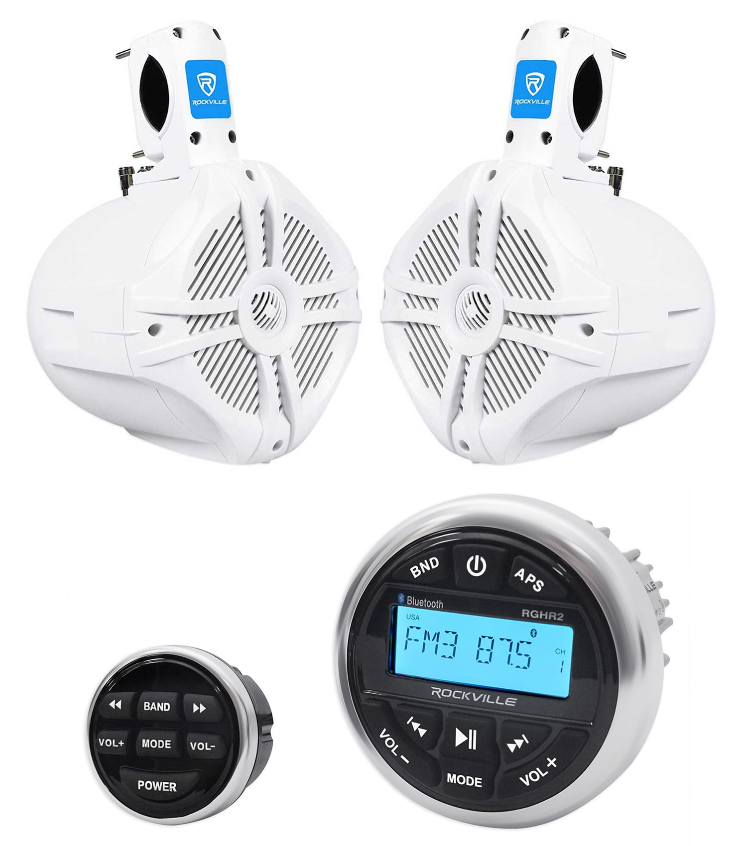 Rockville RGHR2 Marine Bluetooth USB Receiver+Remote+(2) 6.5" Wakeboard Speakers
