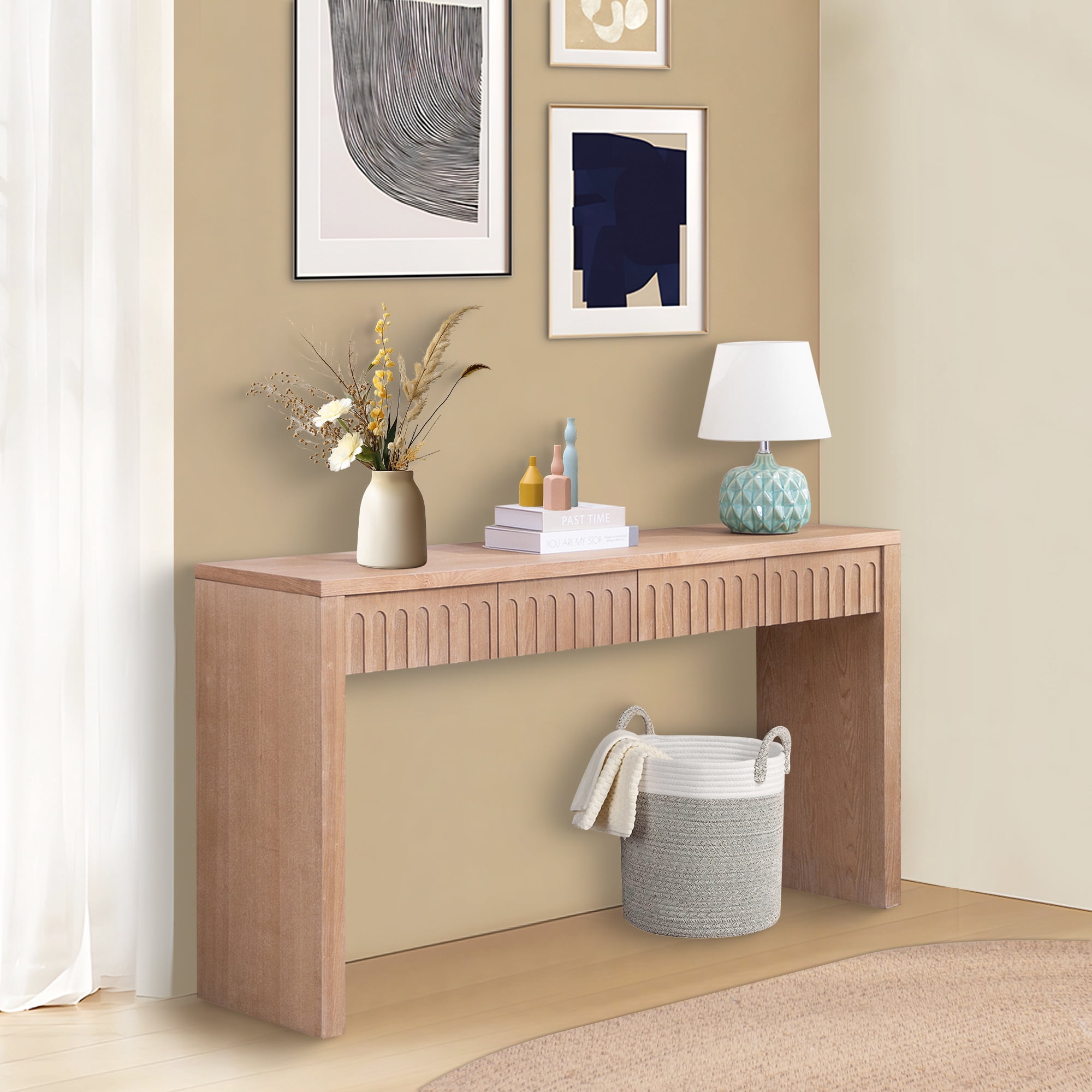 MDQMD 59.2'' Console Table with 4 Drawers for Living Room,Carved Console Table with Storage,Wooden Couch Table Behind Sofa,Natural Wood
