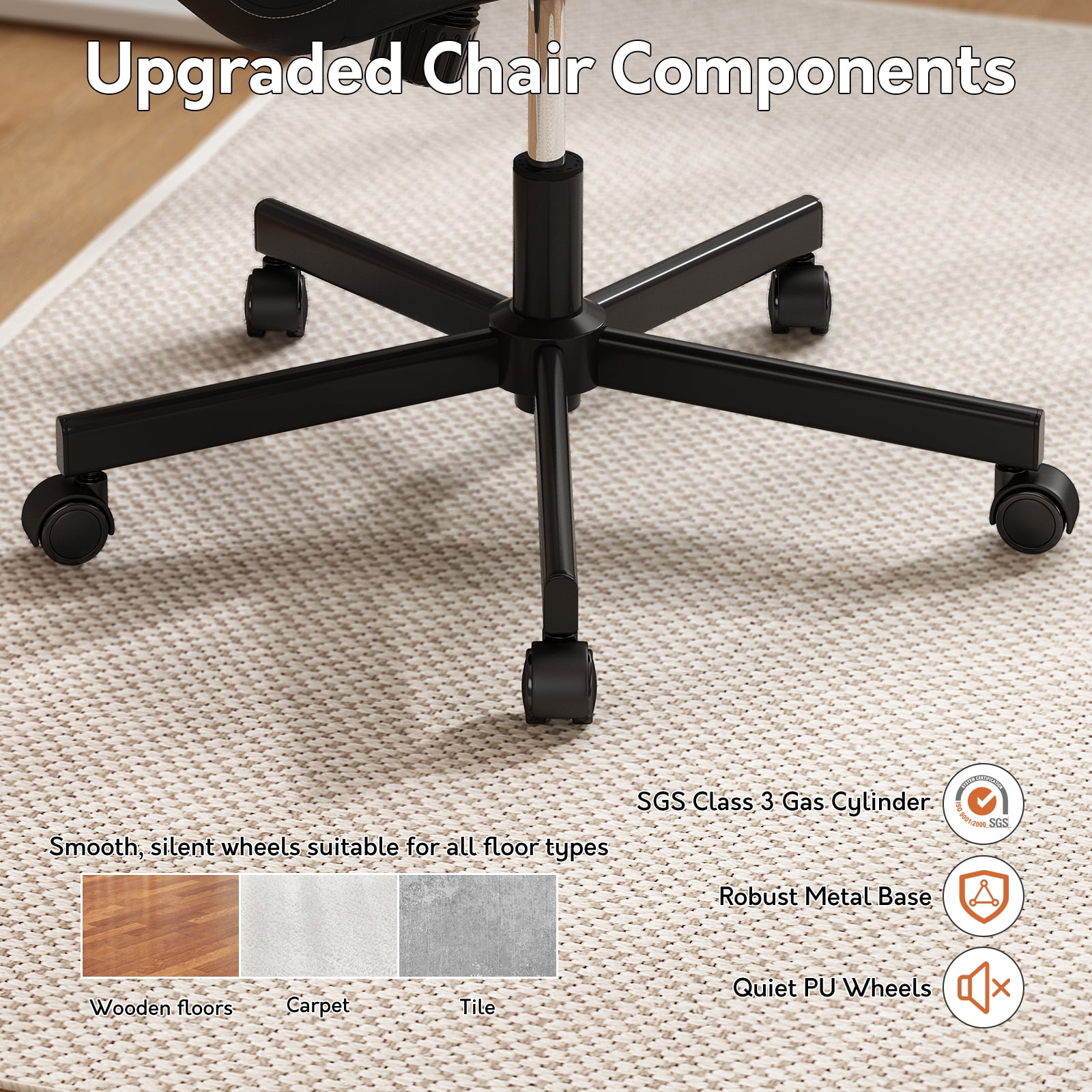iooHug Armless Office Chair, PU Leather Small Computer Desk Chair with Wheels, Adjustable Swivel Vanity Chair with Memory Foam Cushion, No Arms Task Chair for Home Office, Bedroom, Black