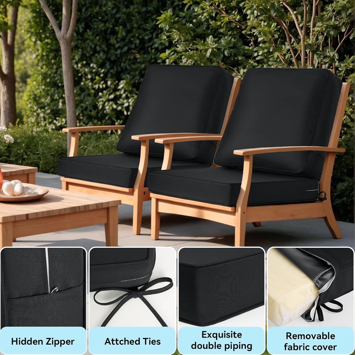 Outdoor Chair Cushion Set 24x24in Waterproof Fade Resistant  Furniture Seat Back Cushions 6.5 Thickened Memory Foam Black