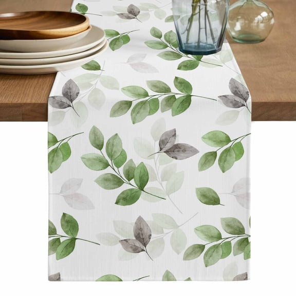 Green Botanical Fall Table Runner, Pastoral Maple Leaf Autumn Washable Cotton Linen Table Runners 60 Inches Long, Dresser Scarf Runner for Coffee/TV Stands/Kitchen/Cabinets 13''x60''
