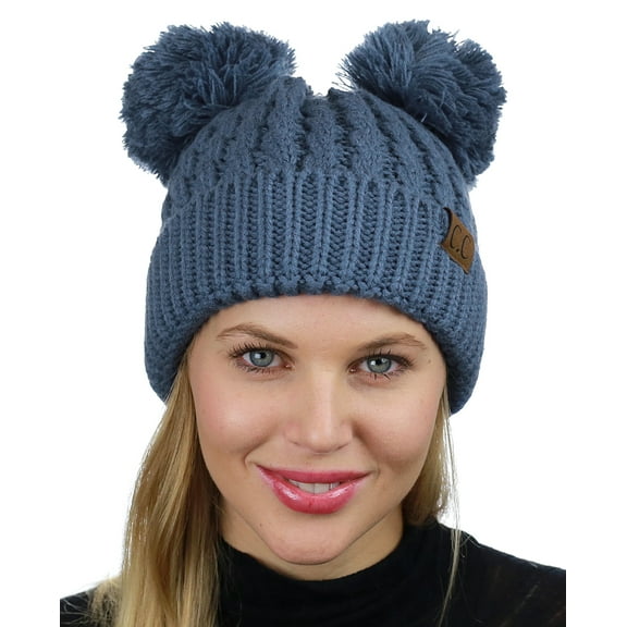 C.C 2 Ear Pom Pom Cable Knit Soft Stretch Cuff Skully Beanie Hat, Dark Denim