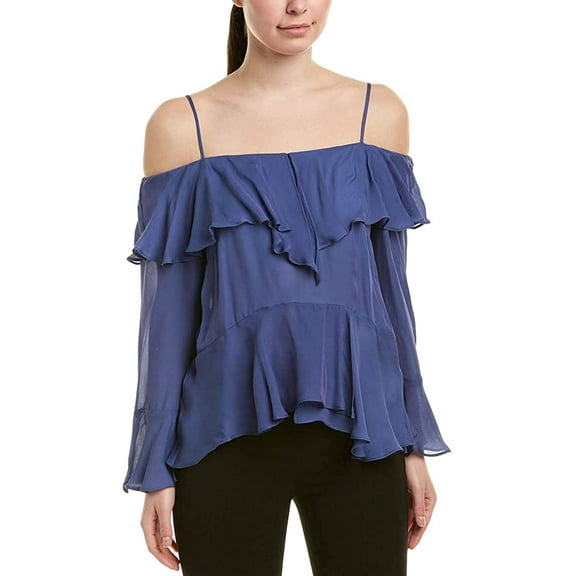 Nicole Miller Artelier DENIM BLUE Solid Silk Ruffle Top, US Medium
