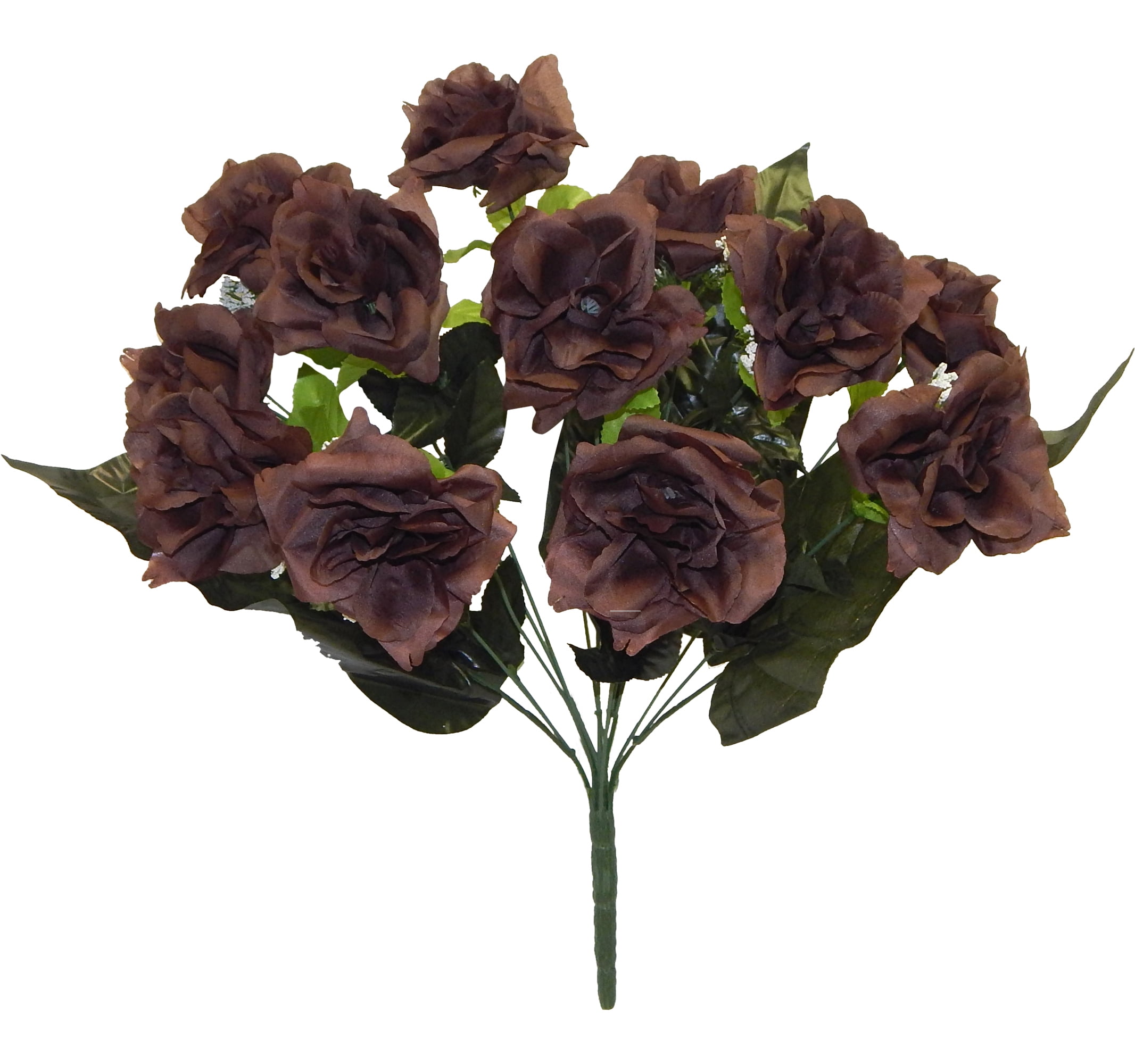 Chocolate Brown 21in Artificial Flower Rose Bush with 12 Open Blooms
