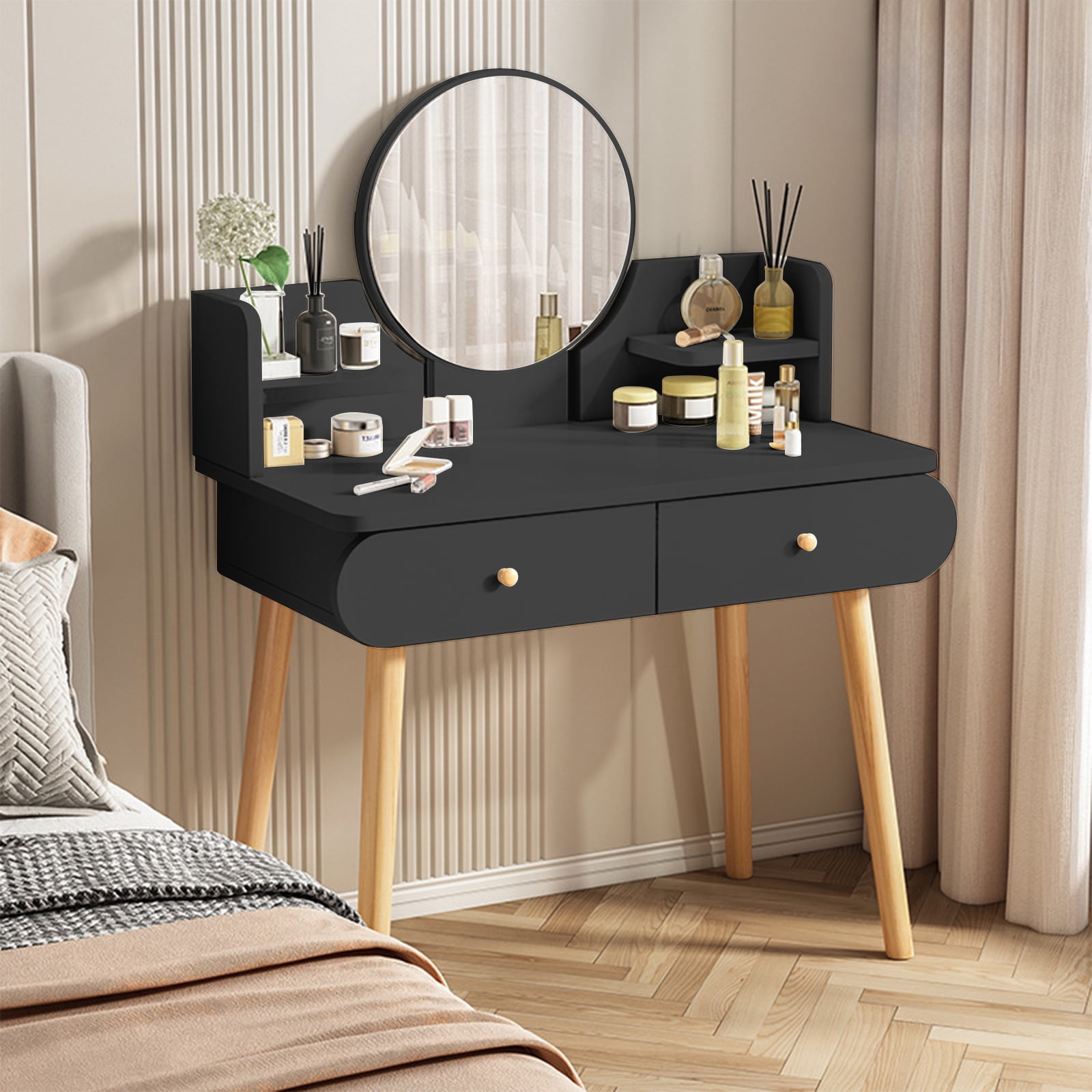 Hurber Vanity Table Set with Mirror, Modern Makeup Vanity Dressing Desk with 2 Drawers & 2 Shelves ,Black (Without Stool)